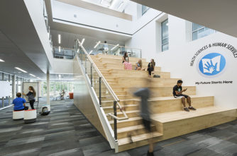 students sitting on staircase