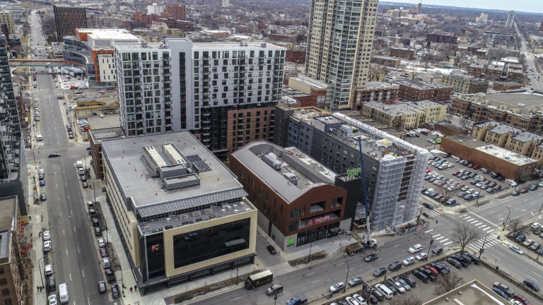 Aerial of KA Block, Minneapolis, Kraus-Anderson Development 
