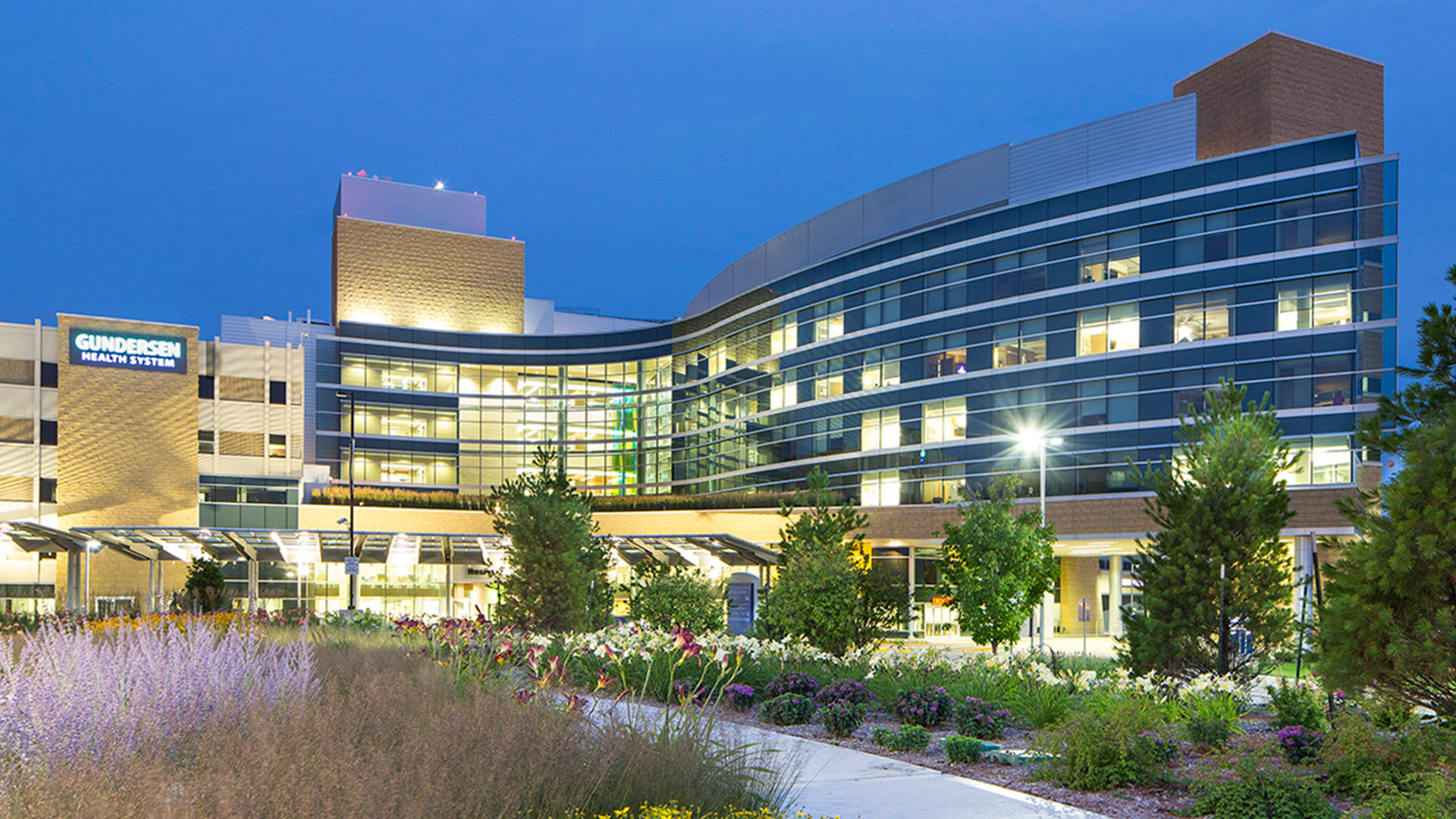 Gundersen Healthcare System Hospital Evening Exterior View