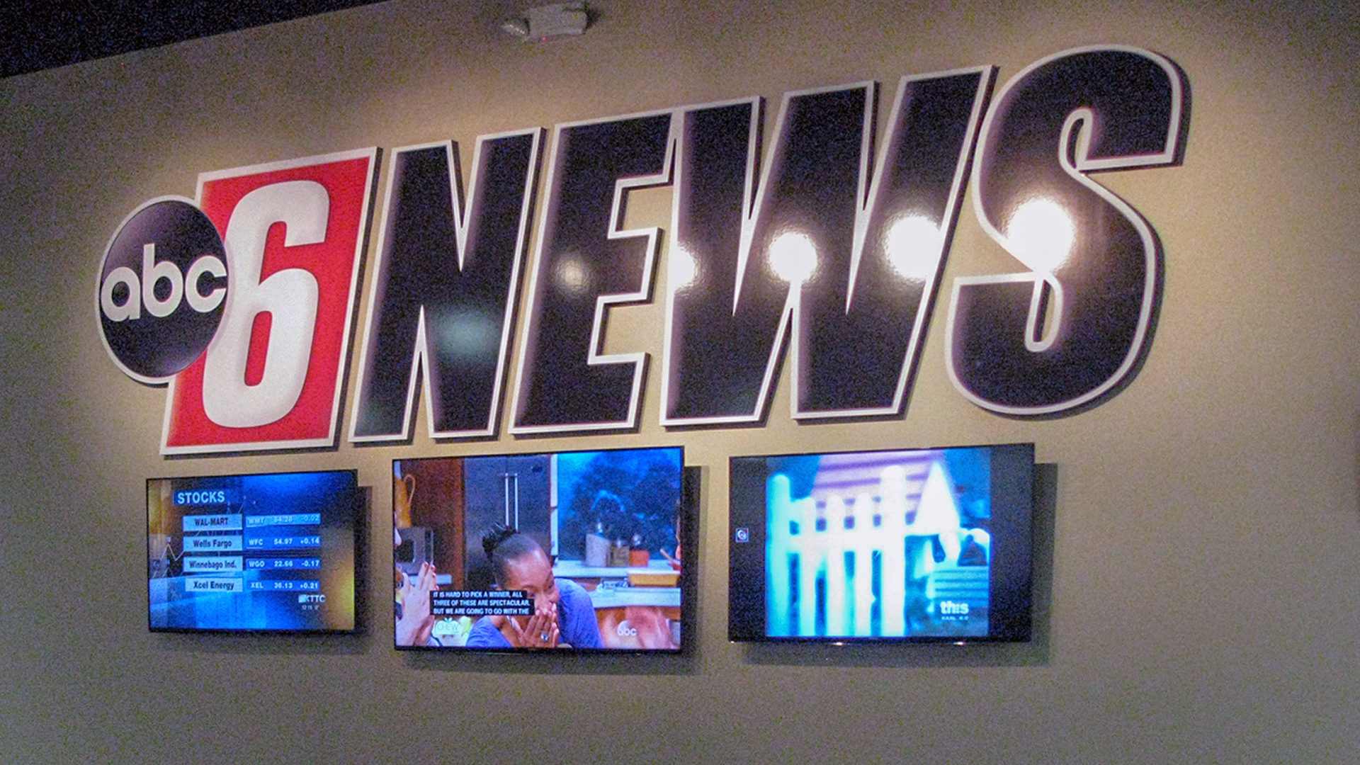 KAAL TV Studio Rochester ABC 6 News Interior Logo Wall with Video Screens