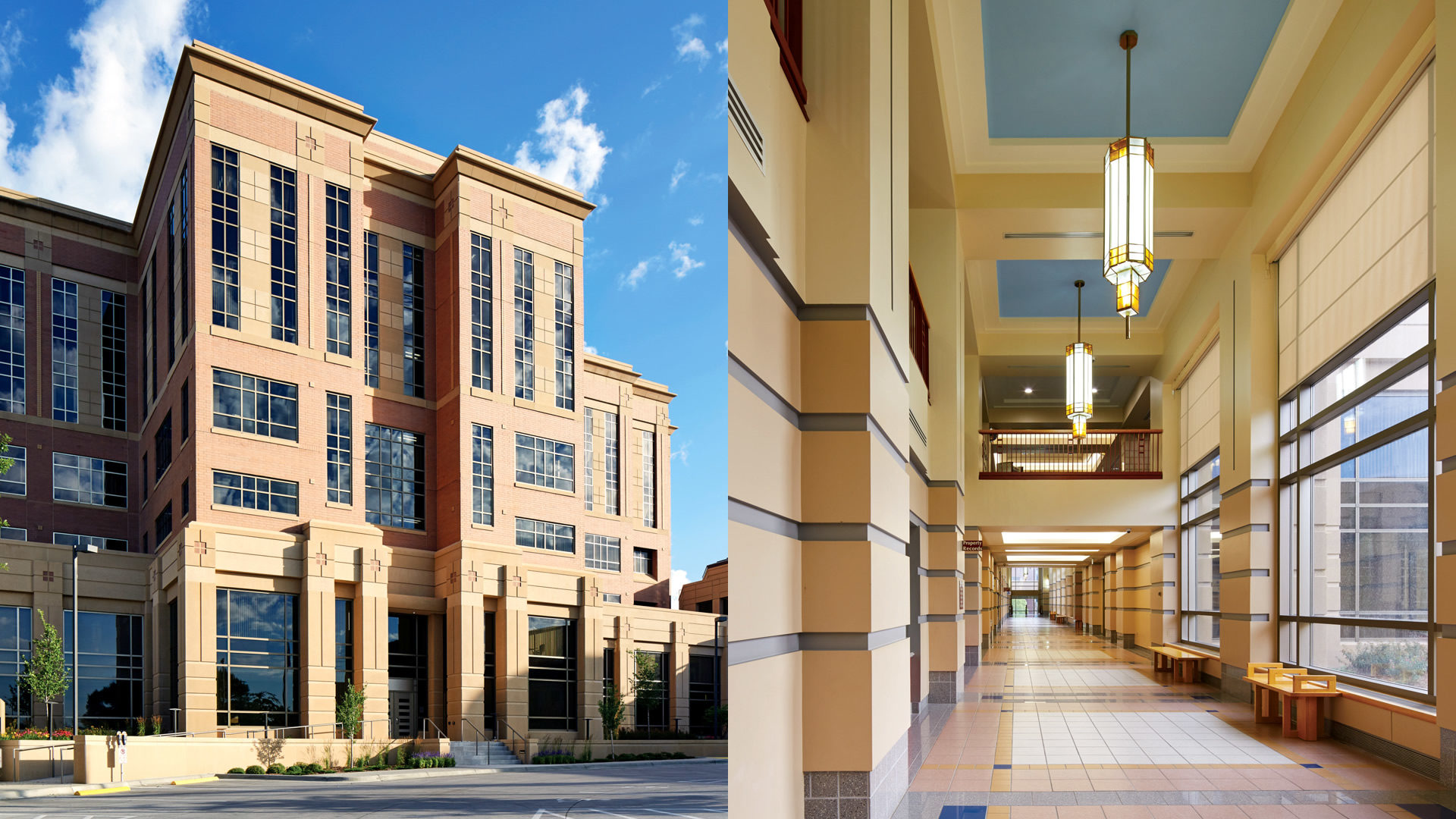 Olmsted County Government Center Rochester MN_Exterior Entrance View and Interior Corridor View