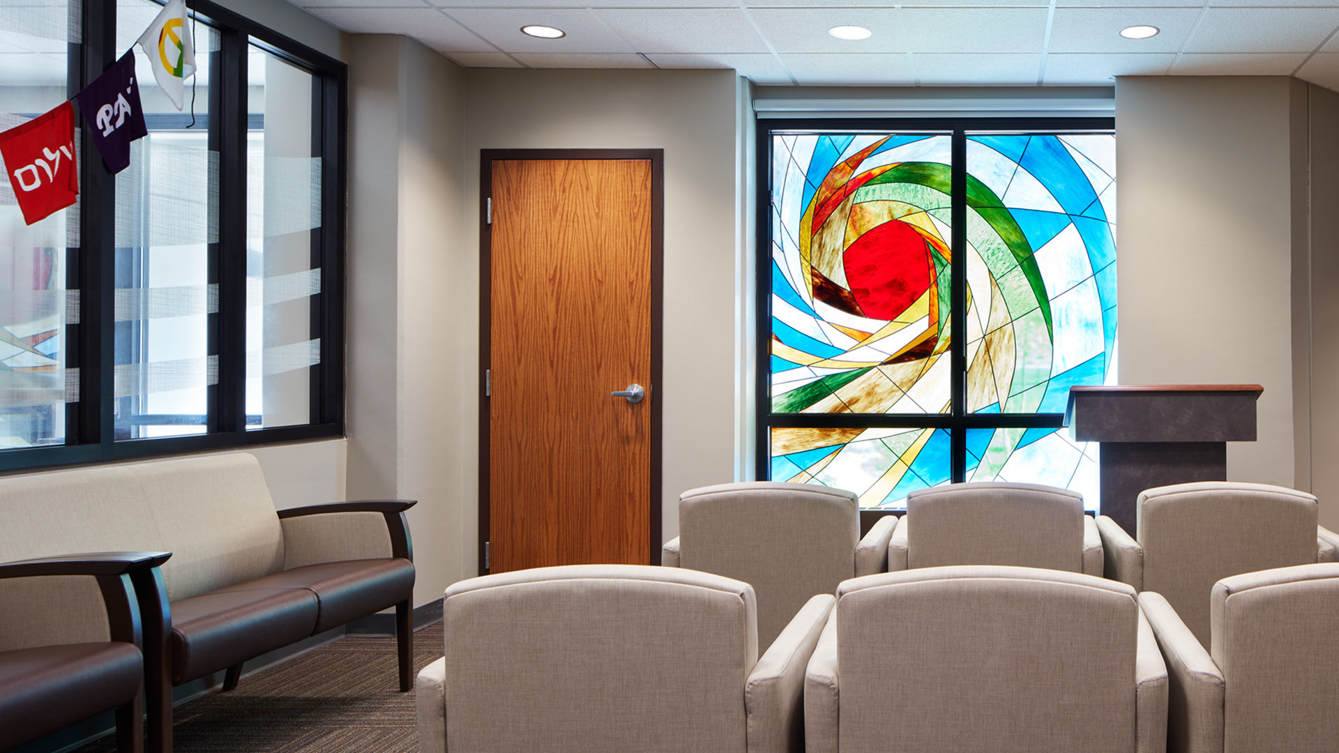 Ebenezer Tower Apartments Interior Chapel with Stain Glass Art in Window