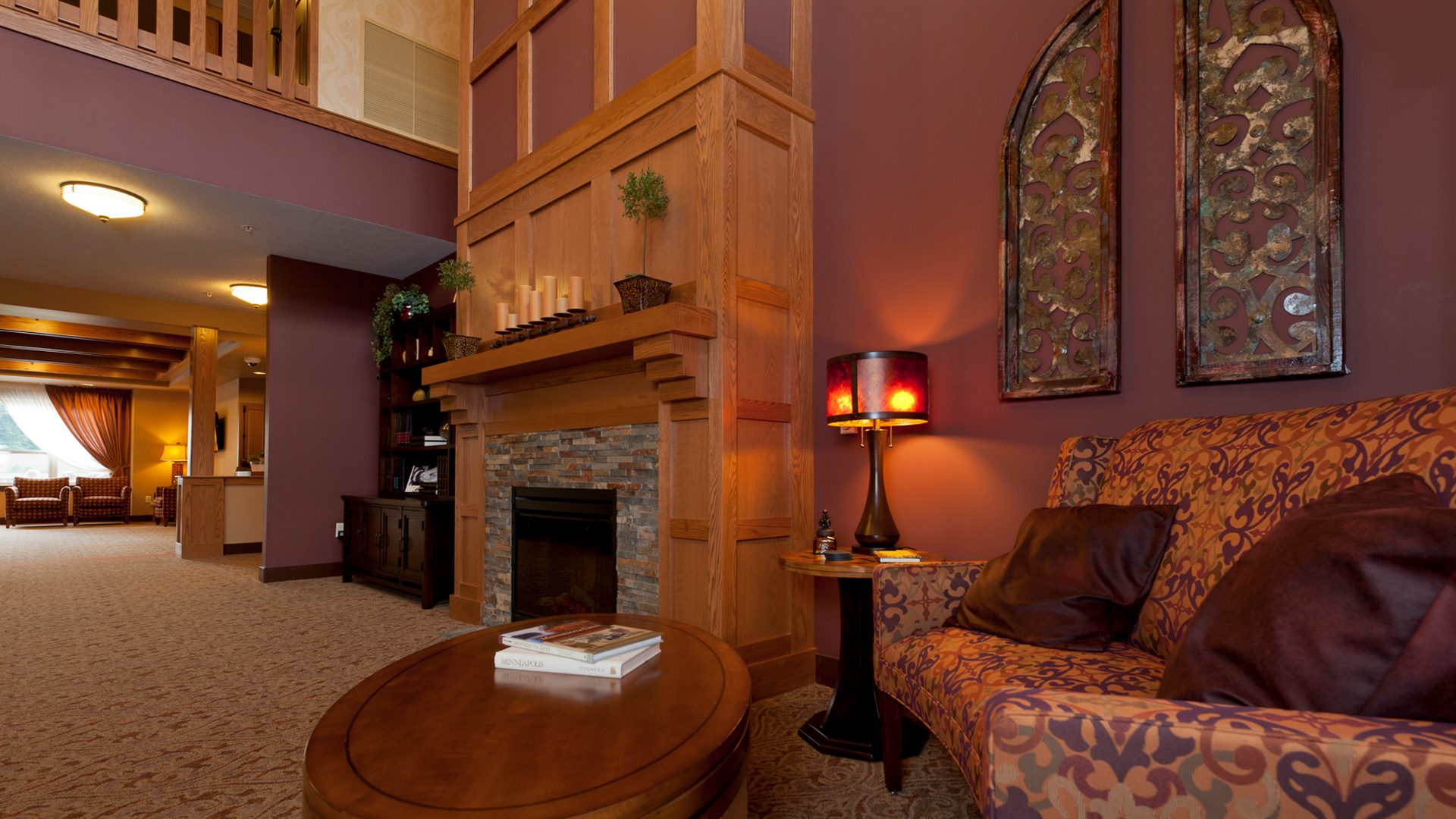 Trails of Orono Senior Housing Orono MN Entrance Lobby with Seating by Fireplace