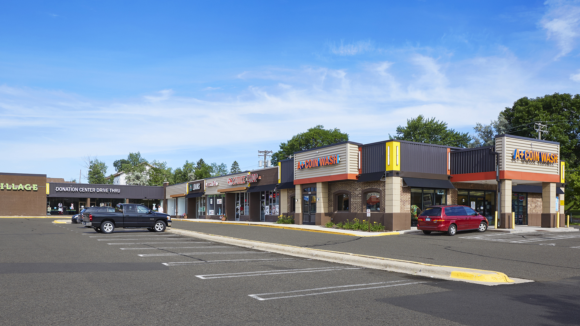 Midland Retail Shopping Center New Hope MN north strip exterior featuring Coin Wash