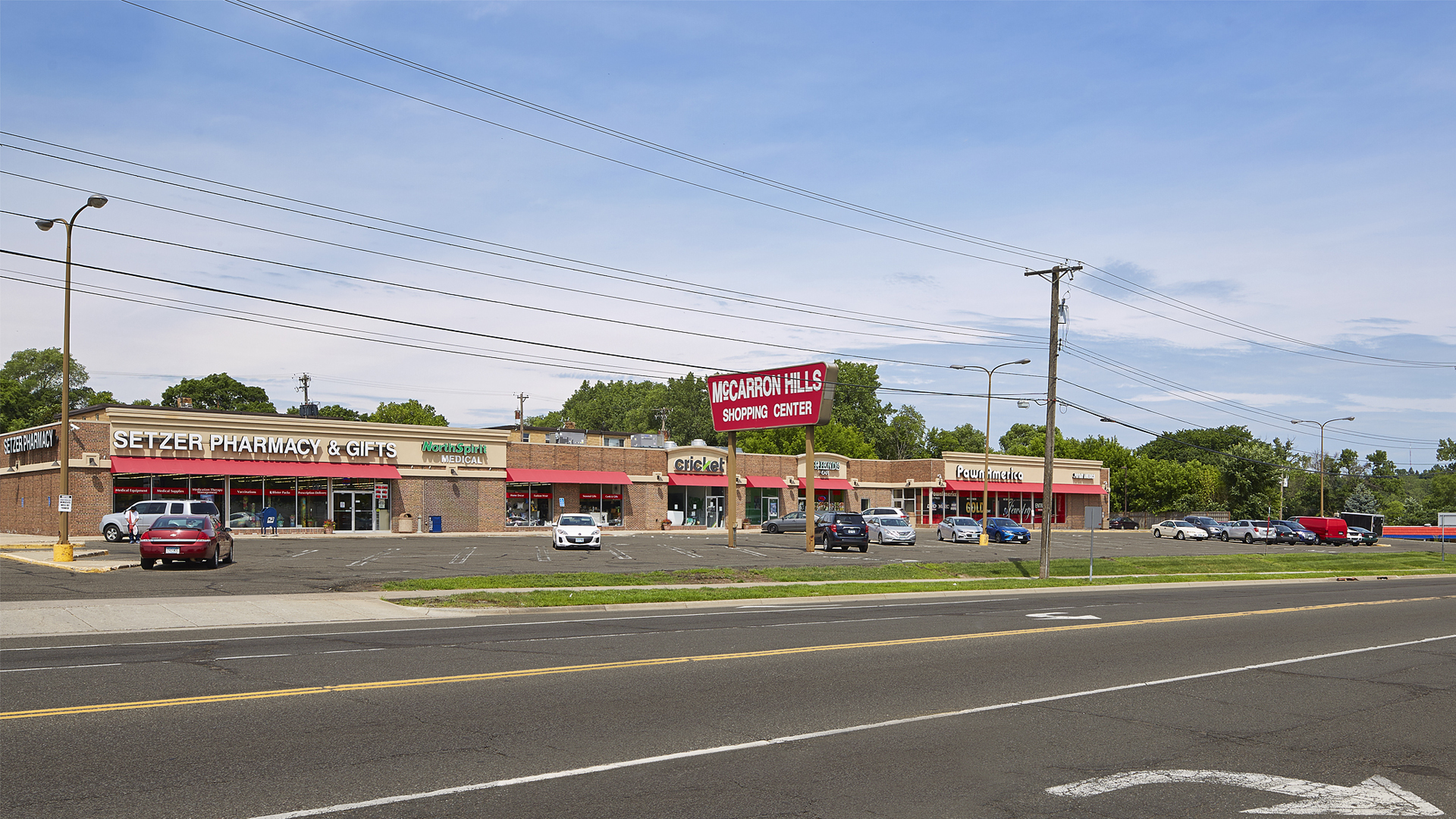 McCarron Hills Retail Shopping Center Roseville MN exterior view featuring shot from across the street