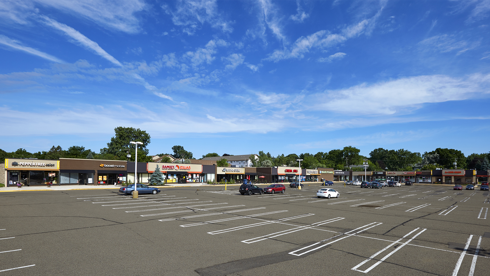 Midland Retail Shopping Center New Hope MN full exterior wide view from surface lot