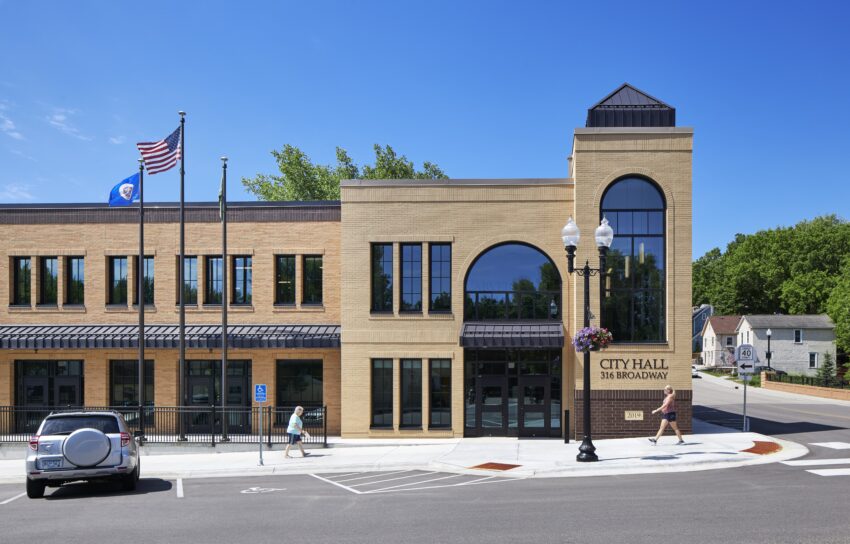 Carver City Hall Front entrance with American flag