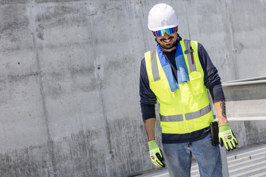 Construction worker with sweat / cooling towel on a hot day