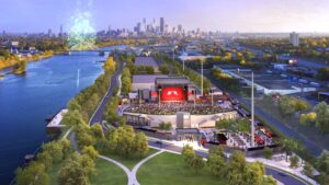 rendering of outdoor venue next to river