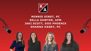 four headshots of guests on red background